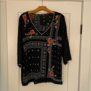 Johnny Was Black Embroidered Tunic with 3/4 Sleeves
